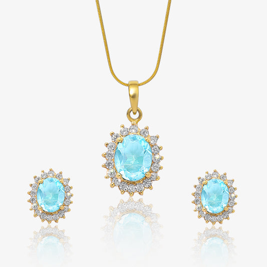 Gold Plated Silver Sky Blue Stone Studded Pendant & Earrings Set
