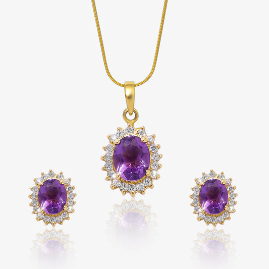 Gold-Plated Purple Color Stone Pendant & Earrings Set