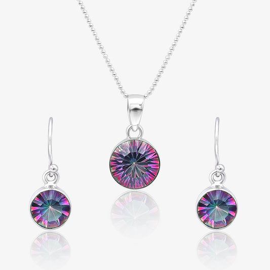 Silver Mystic Topaz Round Pendant & Earrings Set