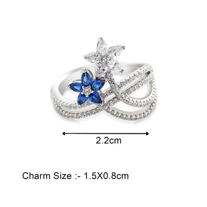 Sapphire & CZ Dual Floral Ring For Women – 925 Sterling Silver Rhodium Plated