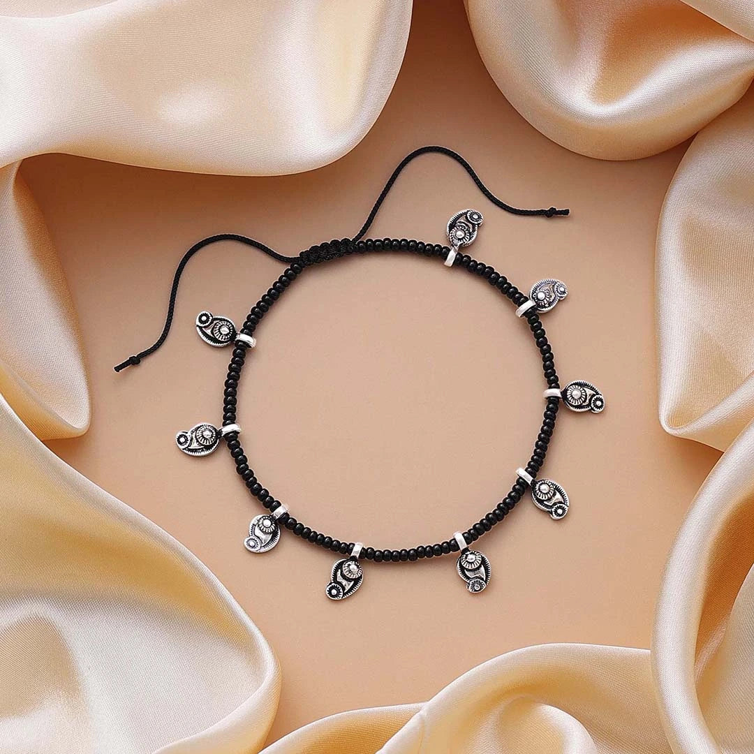 925 Sterling Silver Oxidized Mango Motif Silver Anklet - Tweov Jewels