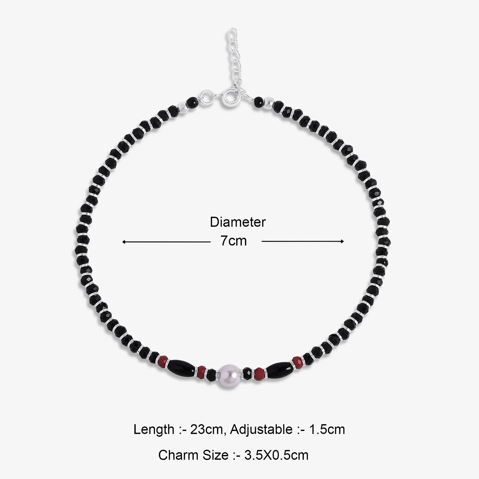 Pearl Charm & Red Black Beads Silver Anklet - Tweov Jewels