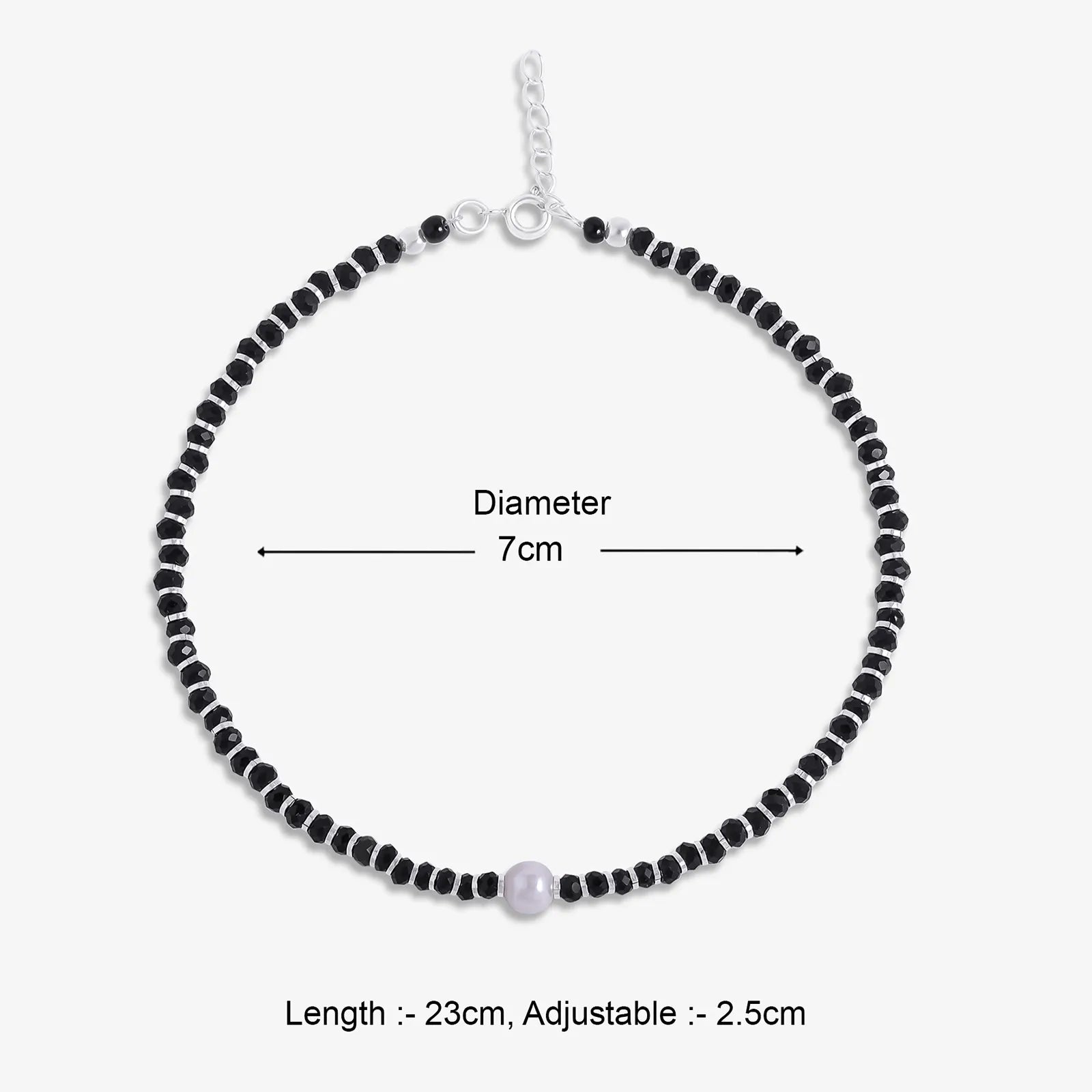 Shiny Pearl & Black Beads Silver Anklet - Tweov Jewels