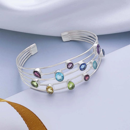Multicolor Gemstone 925 Sterling Silver Bangle Bracelet - Tweov Jewels