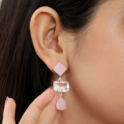 Multicut Pink Stone Long Silver Earrings - Tweov Jewels