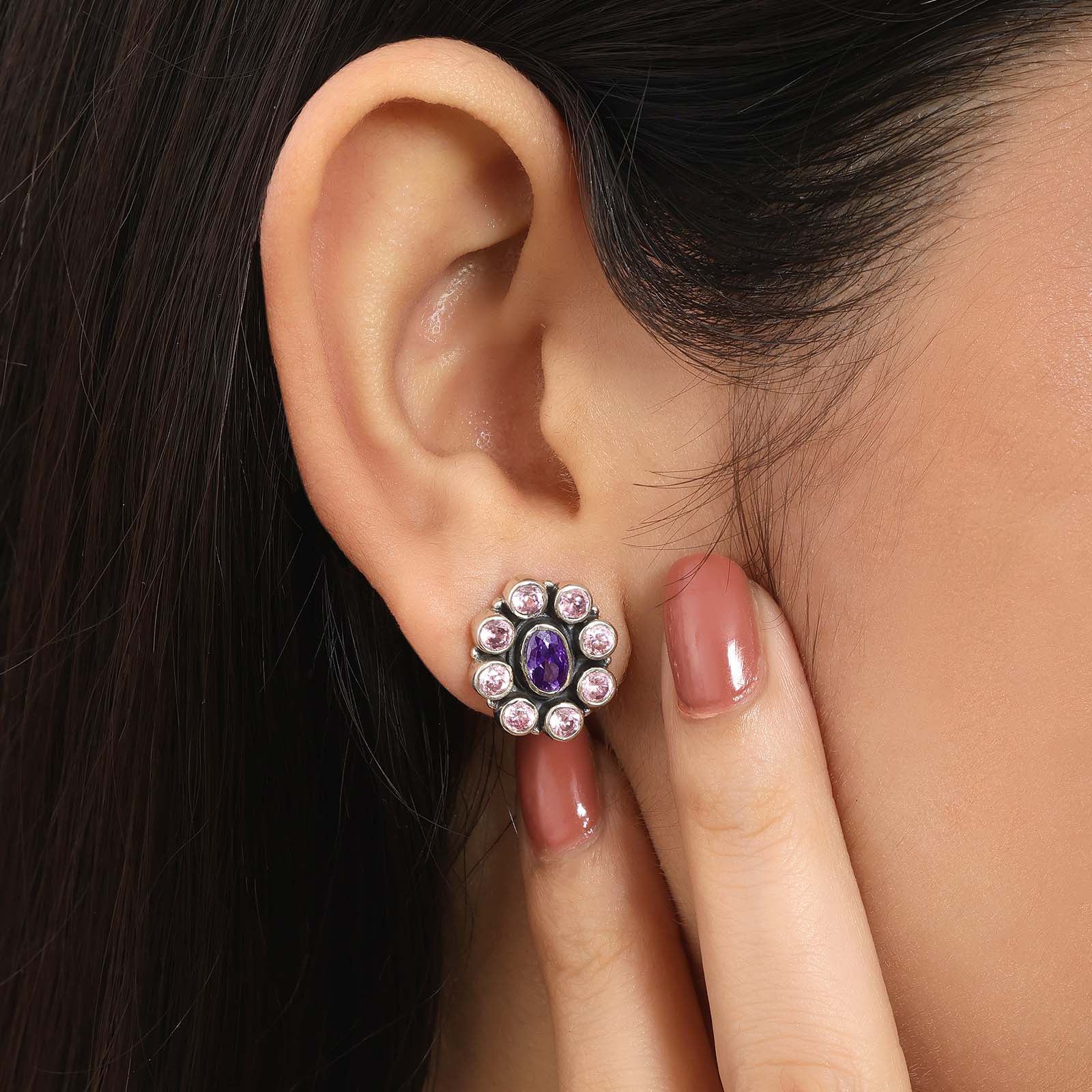 Oxidized Oval Purple Stone Studded Silver Stud - Tweov Jewels
