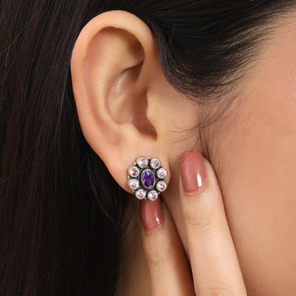 Oxidized Oval Purple Stone Studded Silver Stud - Tweov Jewels