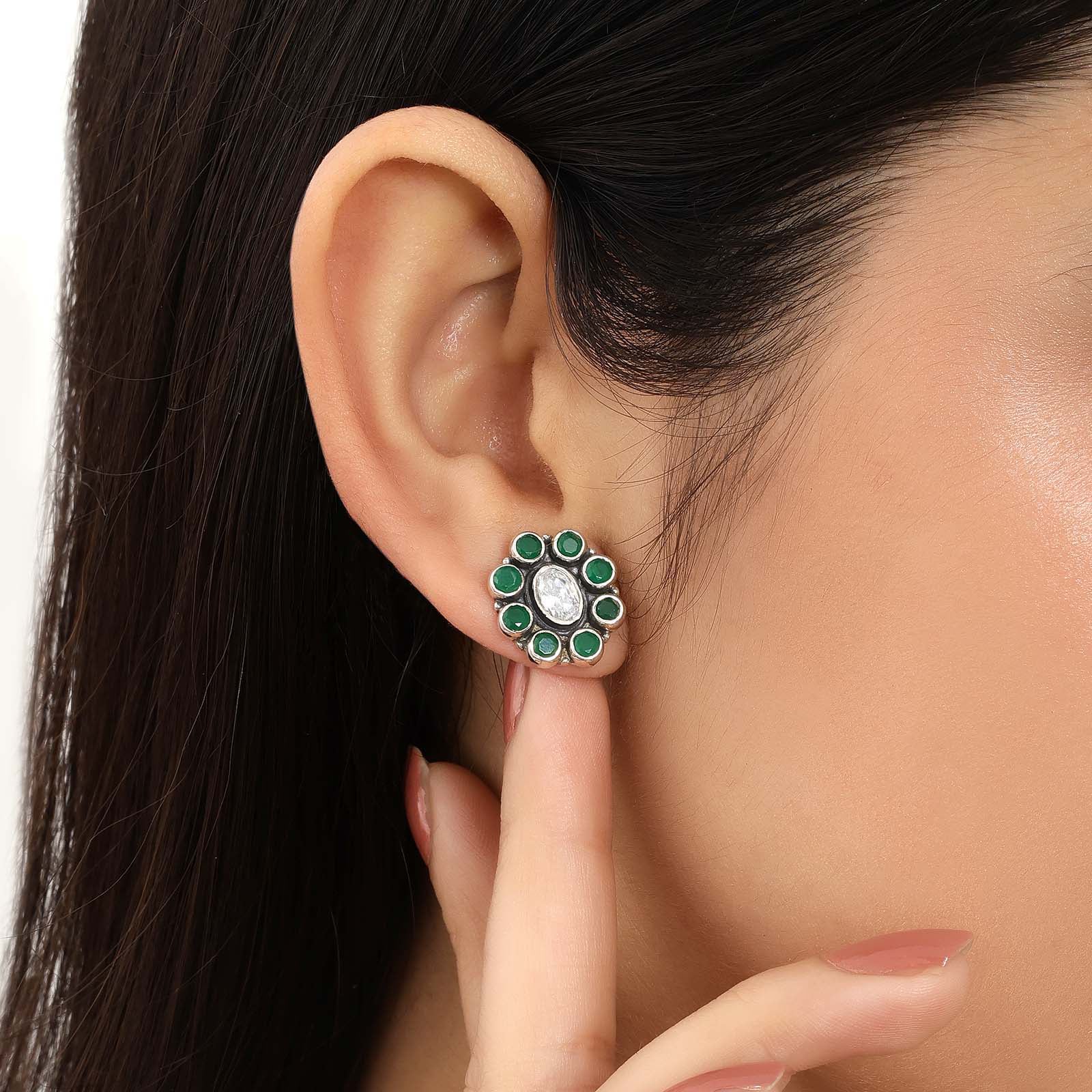 Oxidized Silver Green Stone Stud Earrings - Tweov Jewels