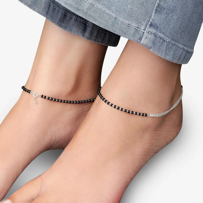 Black Beads Layered Chain Silver Anklet - Tweov Jewels