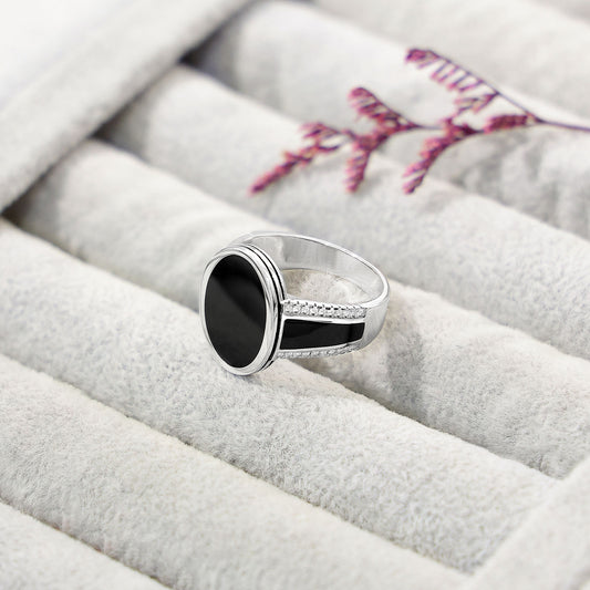 Pure 925 Silver Ring - Oval-Shaped Black Onyx Ring - Tweov Jewels