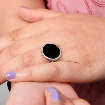 Pure Silver Ring - Floral Dots With Round Black Onyx - Tweov Jewels