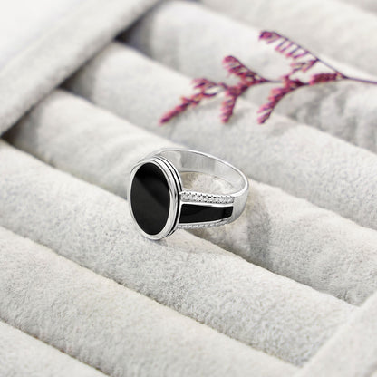 Silver Oval Shape Black Stone Band Ring