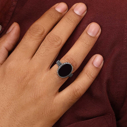 Pure 925 Silver Ring - Carved With Oval Black Onyx - Tweov Jewels
