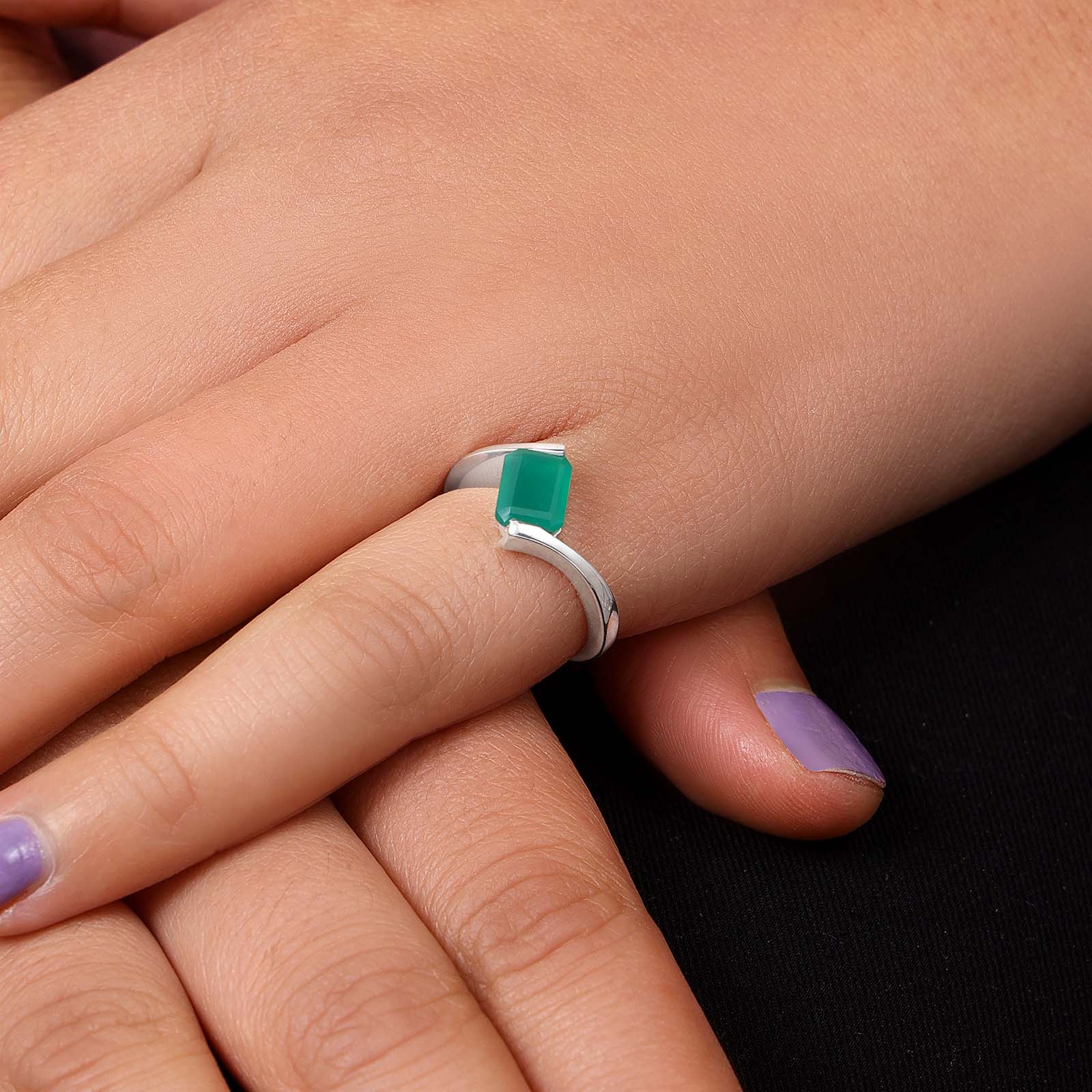 Pure Silver Ring - Plain Slim Model With Green Onyx - Tweov Jewels