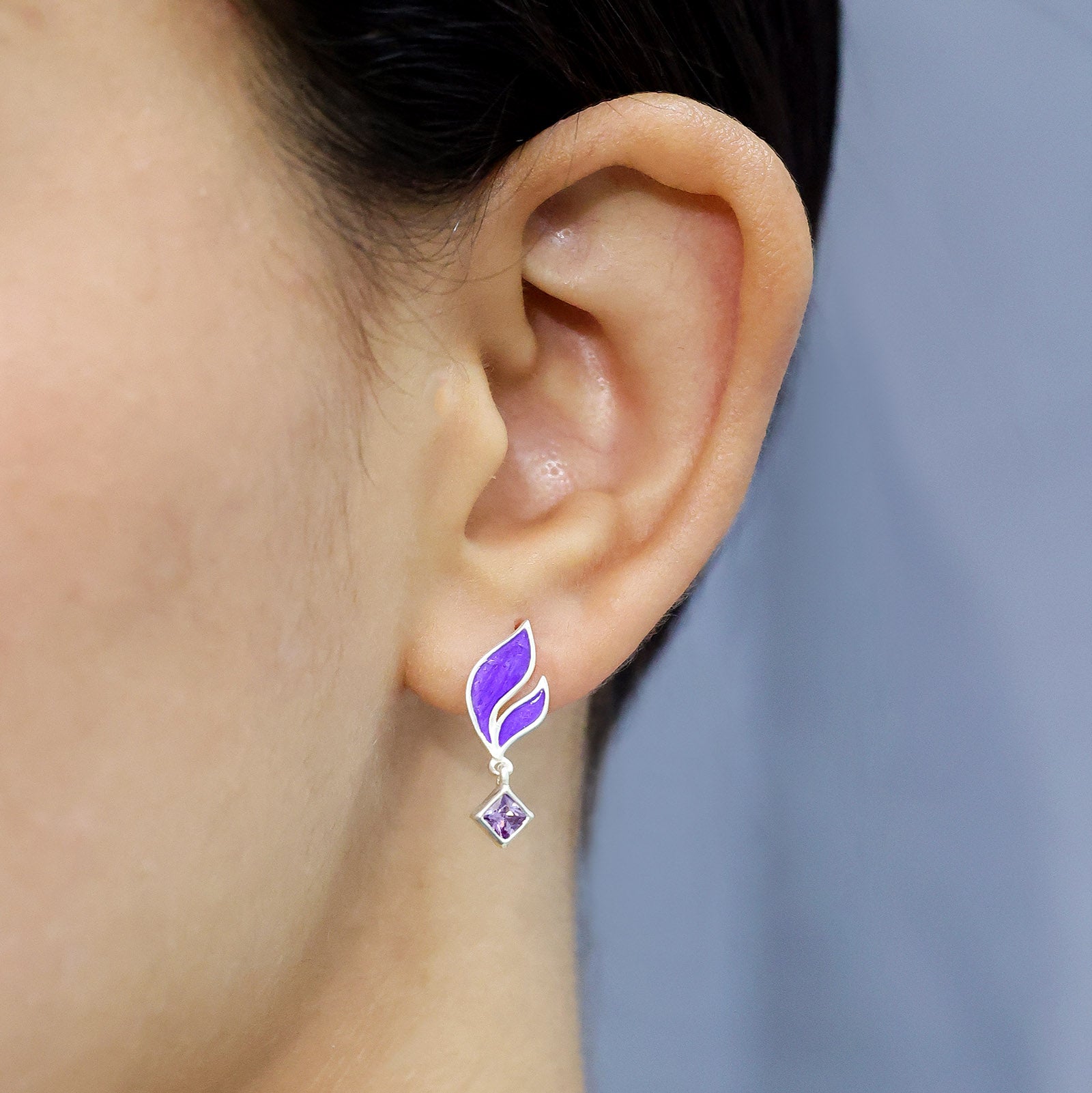 Pure Silver Earrings - Luxe Leaf with Purple Amethyst - Tweov Jewels