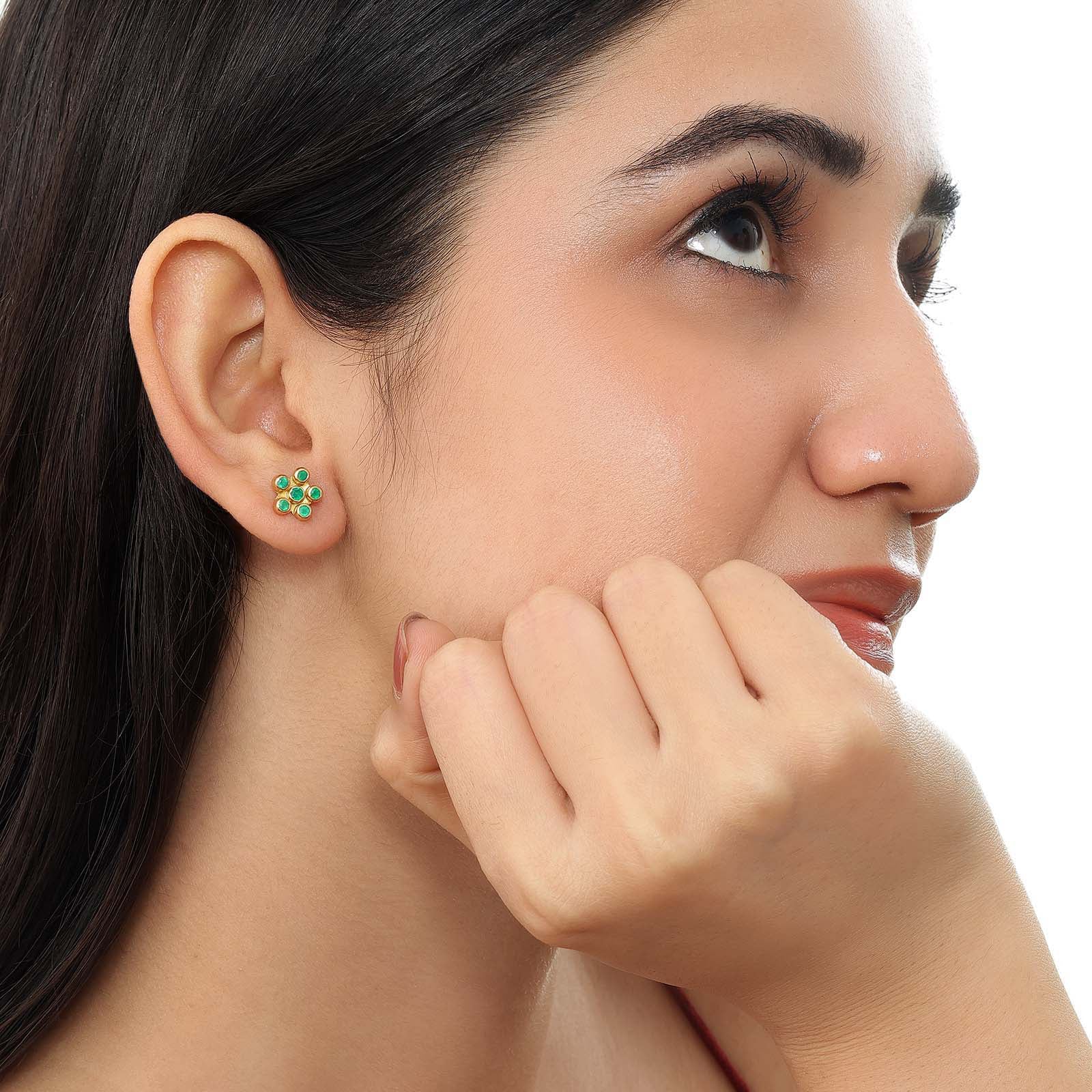 Gold-Plated Floral Design Green Stone Silver Stud Earring - Tweov Jewels