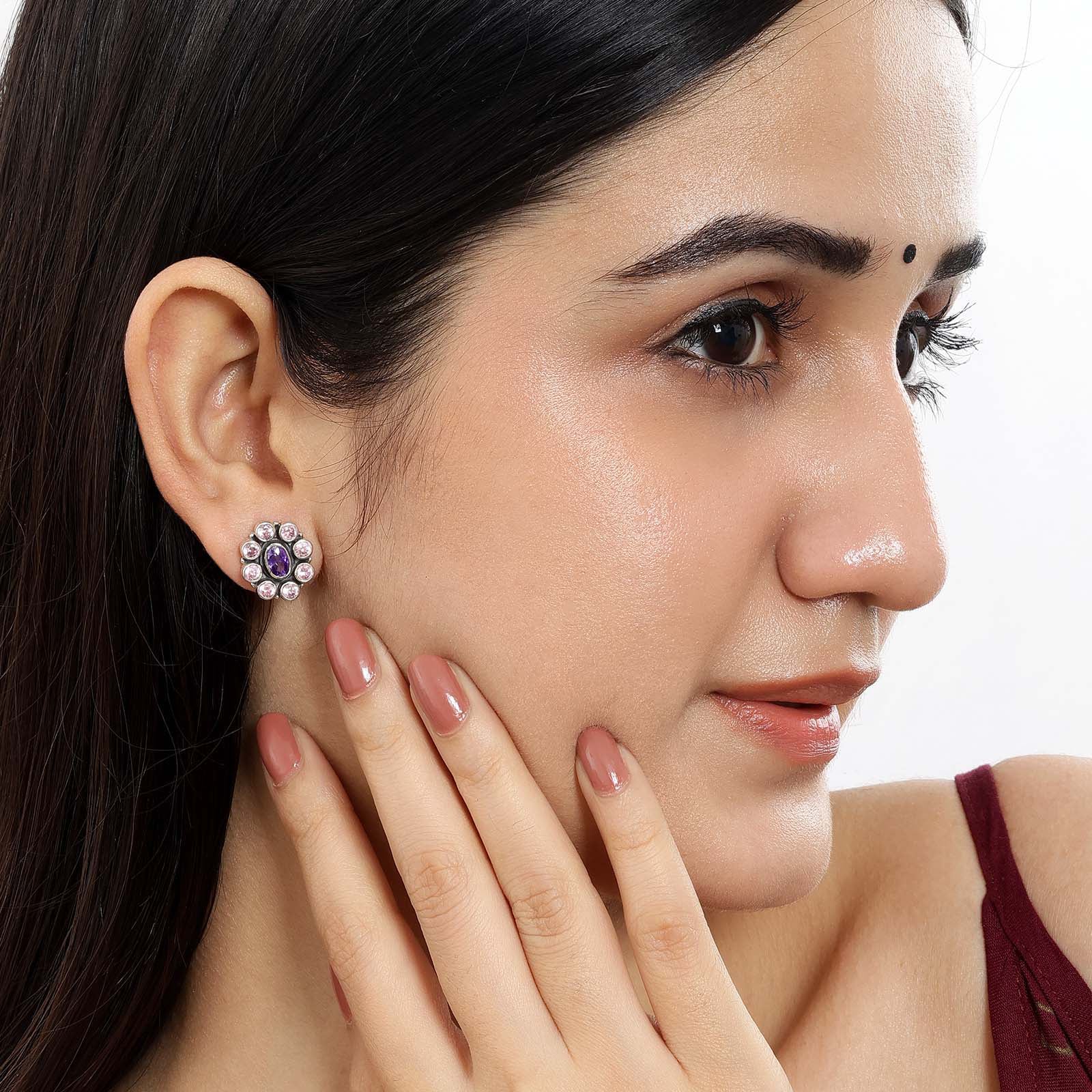 Oxidized Oval Purple Stone Studded Silver Stud - Tweov Jewels