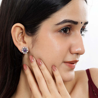 Oxidized Oval Purple Stone Studded Silver Stud - Tweov Jewels