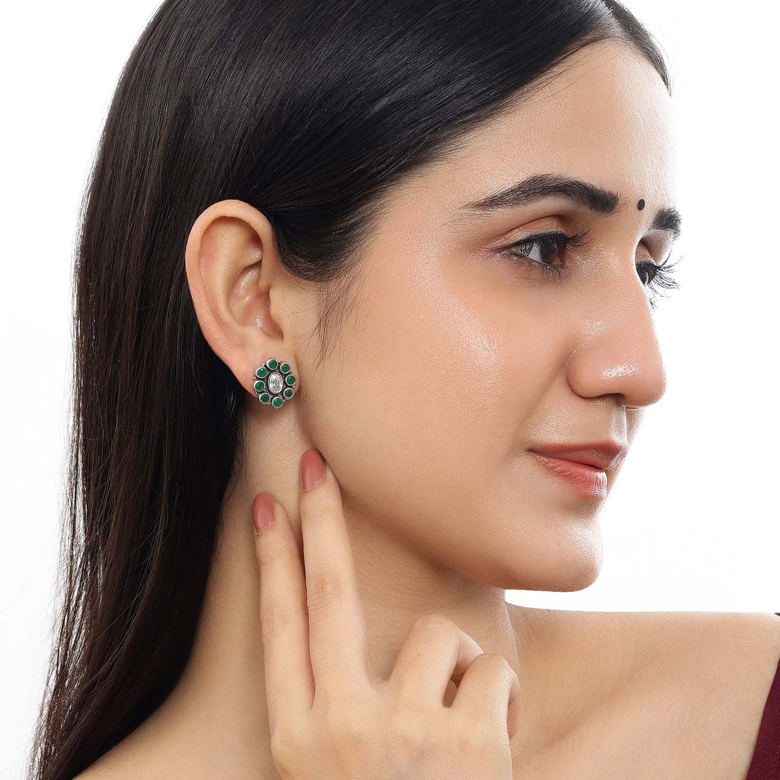 Oxidized Silver Green Stone Stud Earrings - Tweov Jewels