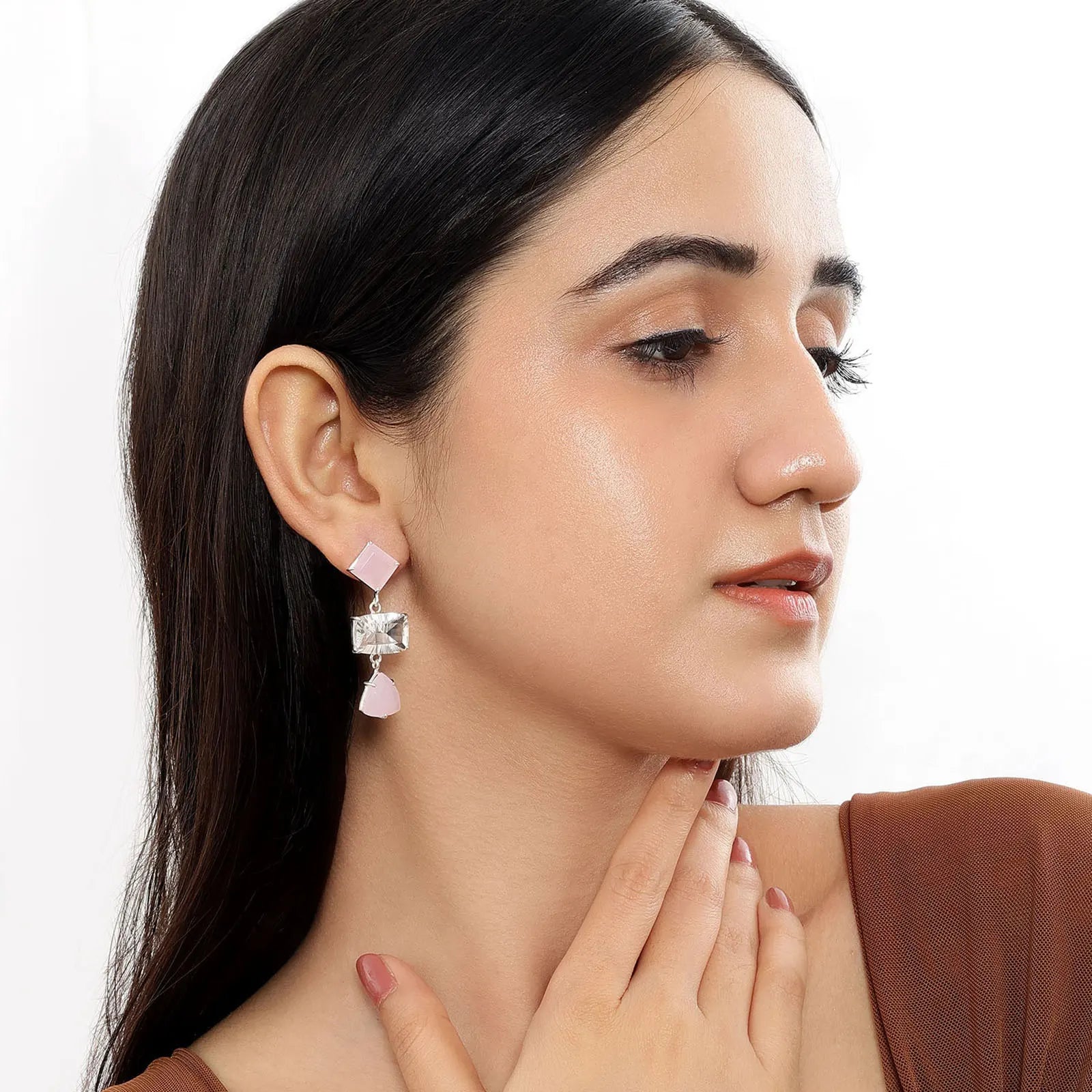 Multicut Pink Stone Long Silver Earrings - Tweov Jewels