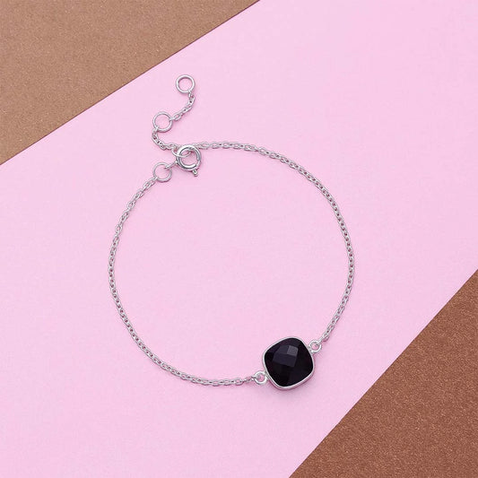 925 Sterling Silver Square Black Stone Studded Chain Bracelet - Tweov Jewels