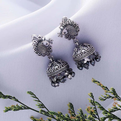 Silver bollywood jhumka earrings - Oxidised Peacock Engraved Jhumka - Tweov Jewels