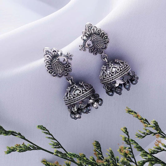 Silver bollywood jhumka earrings - Oxidised Peacock Engraved Jhumka - Tweov Jewels