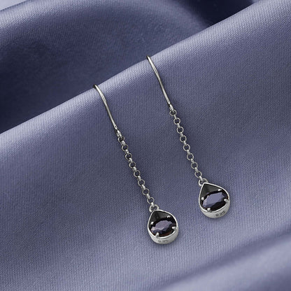Pure Silver Earrings - Twinkling Chain Model With Onyx Stone