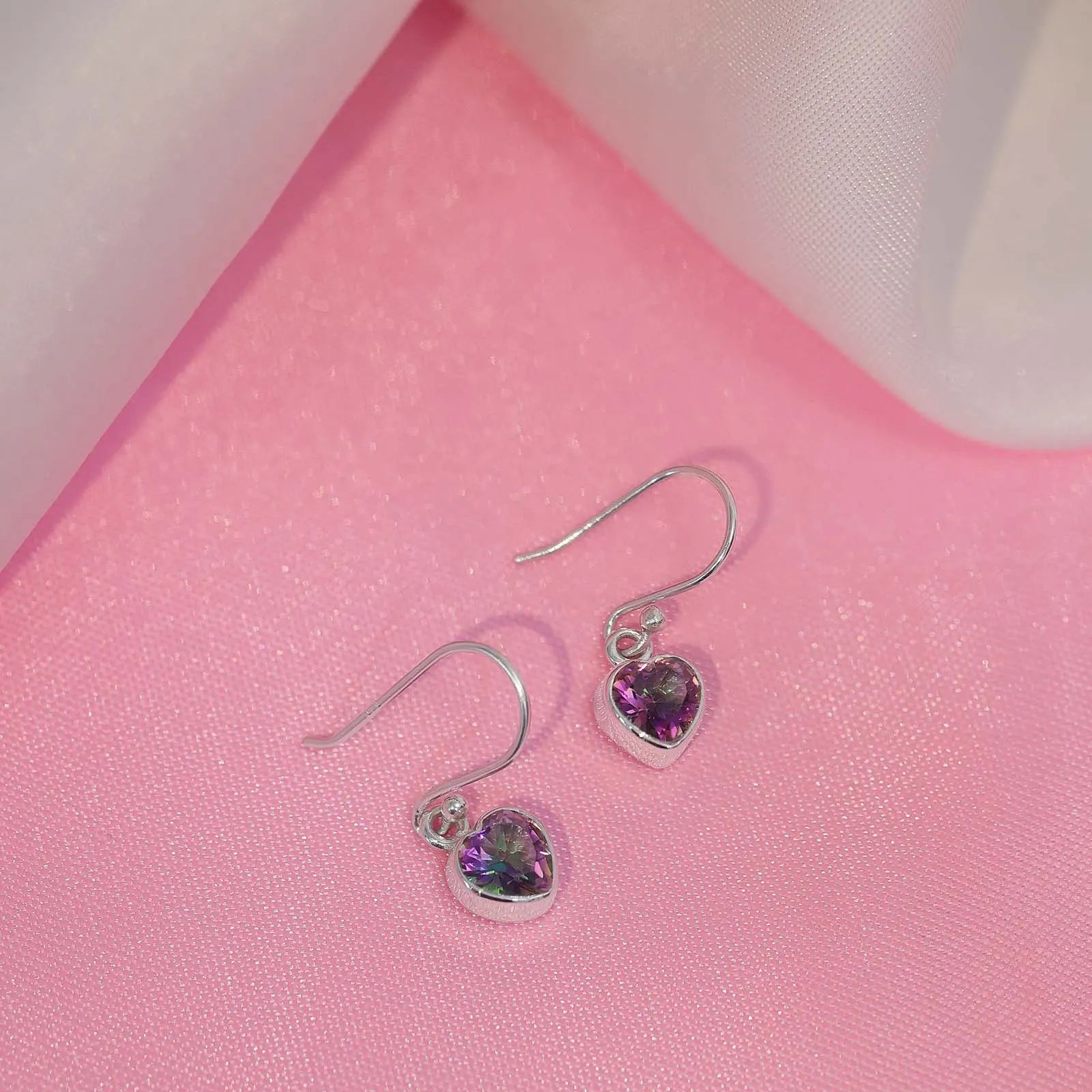 Pure Silver Earrings - Hoop With Purple-Blue CZ Heart Stone - Tweov Jewels