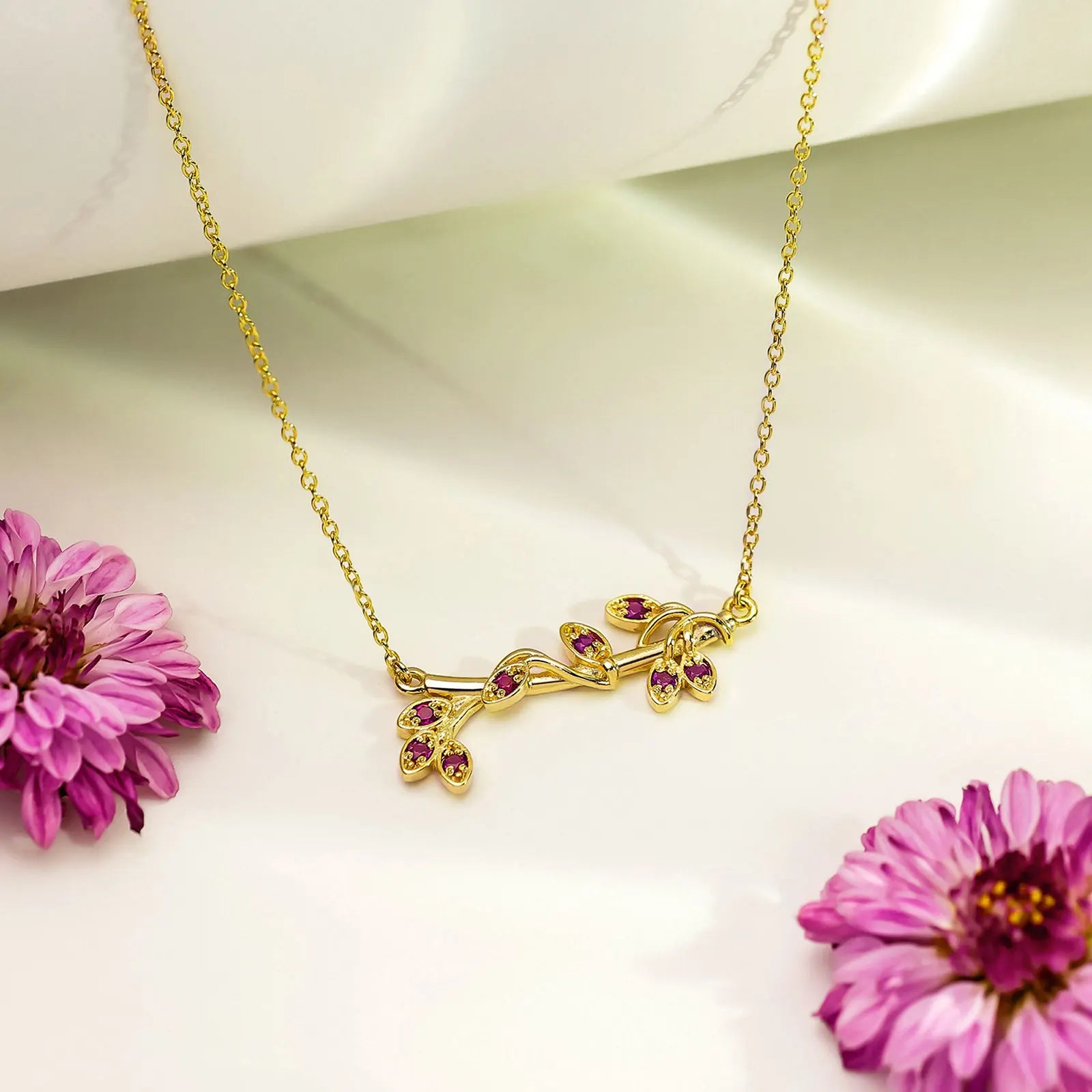 Gold Plated Pink Leaf Silver Necklace - Tweov Jewels