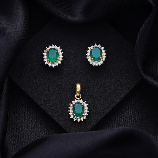 Pure Silver Jewellery Sets - Royal Emerald Earrings With CZ Pendant Set - Tweov Jewels