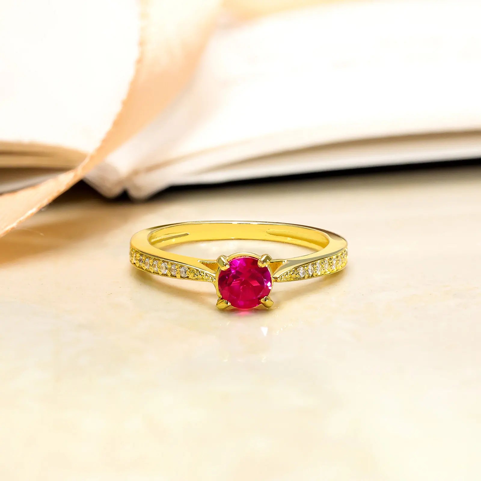 Gold Plated Silver Solitaire CZ Ruby Ring - Tweov Jewels