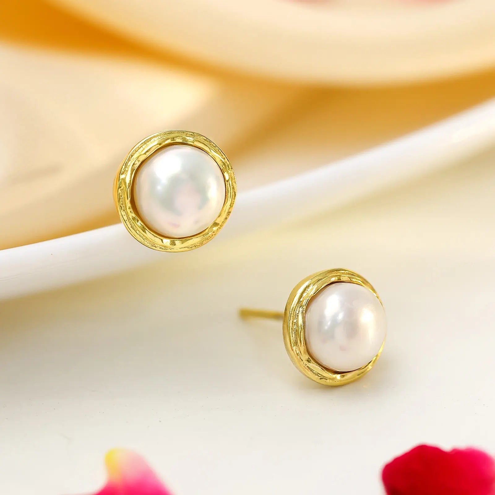 Gold Plated Silver Round White Pearl Stud Earrings - Tweov Jewels
