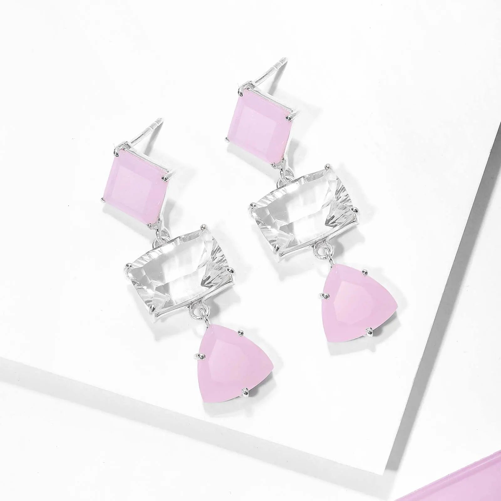 Multicut Pink Stone Long Silver Earrings - Tweov Jewels