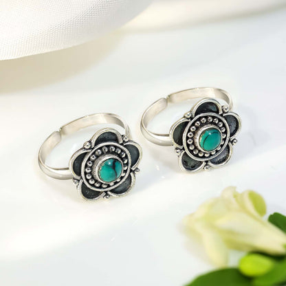 Silver Turquoise Stone Floral Toe Ring