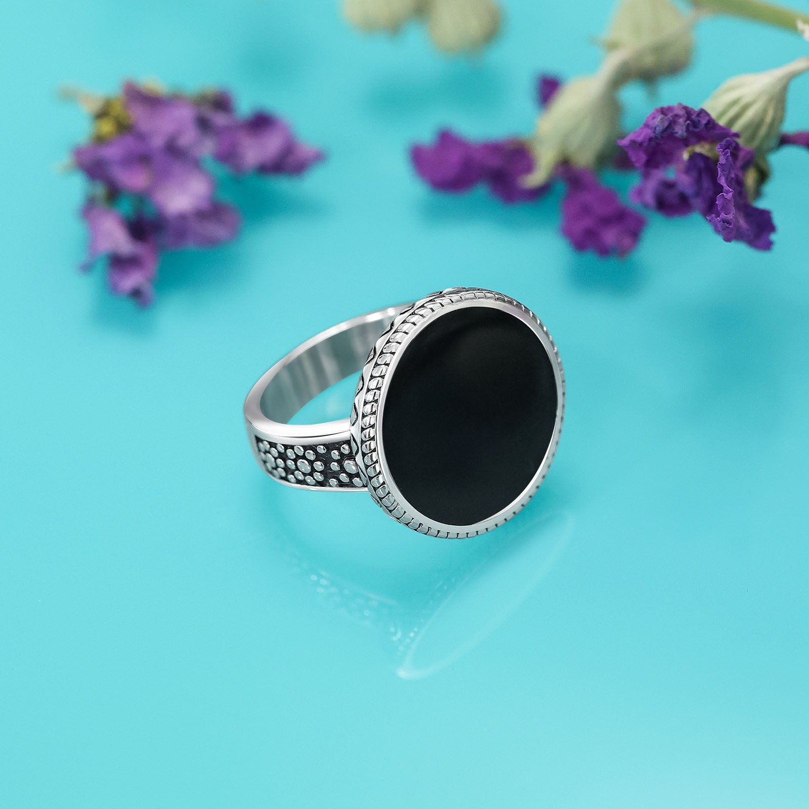 Pure Silver Ring - Floral Dots With Round Black Onyx - Tweov Jewels