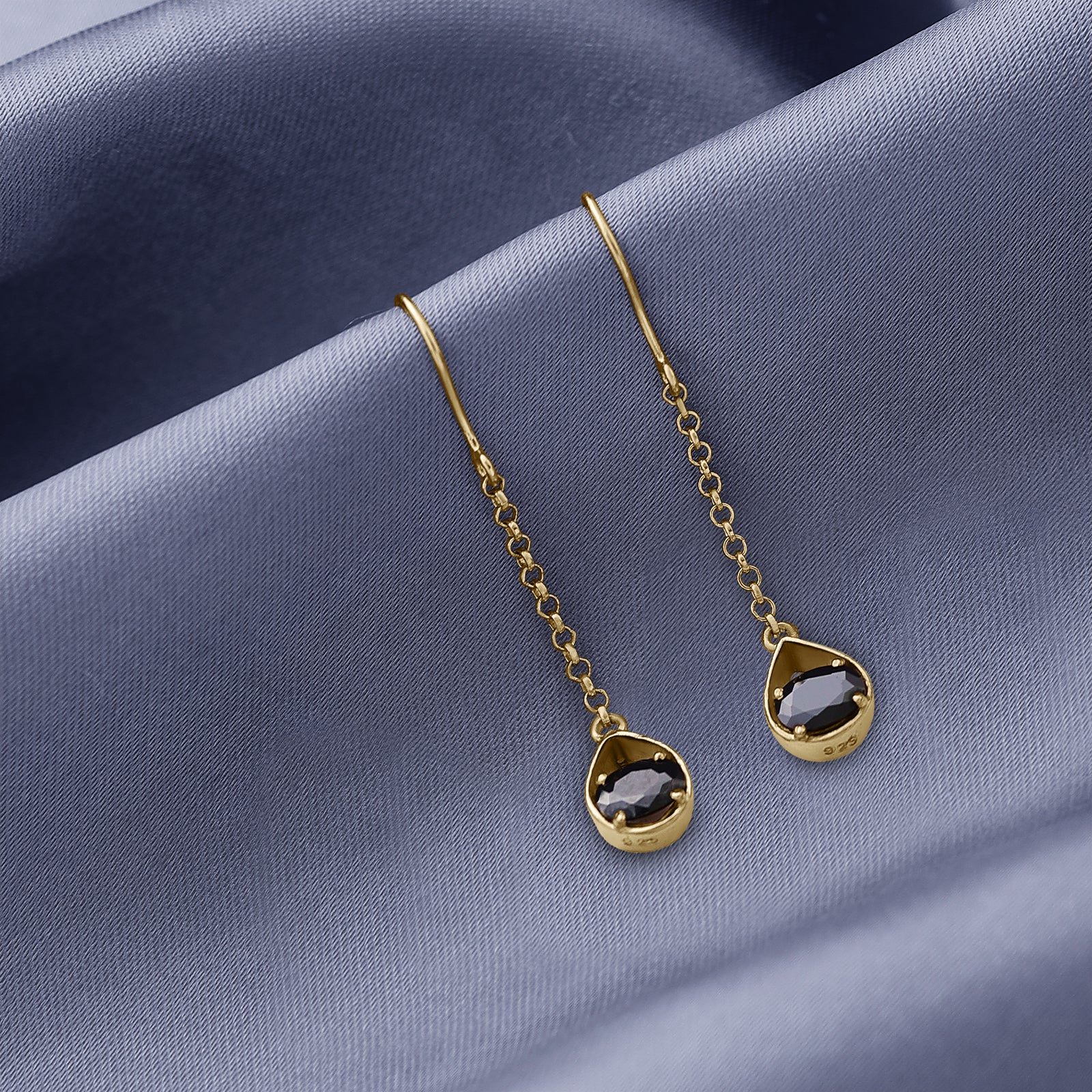 Pure Silver Earrings - Gold Plated Onyx Drop Danglers