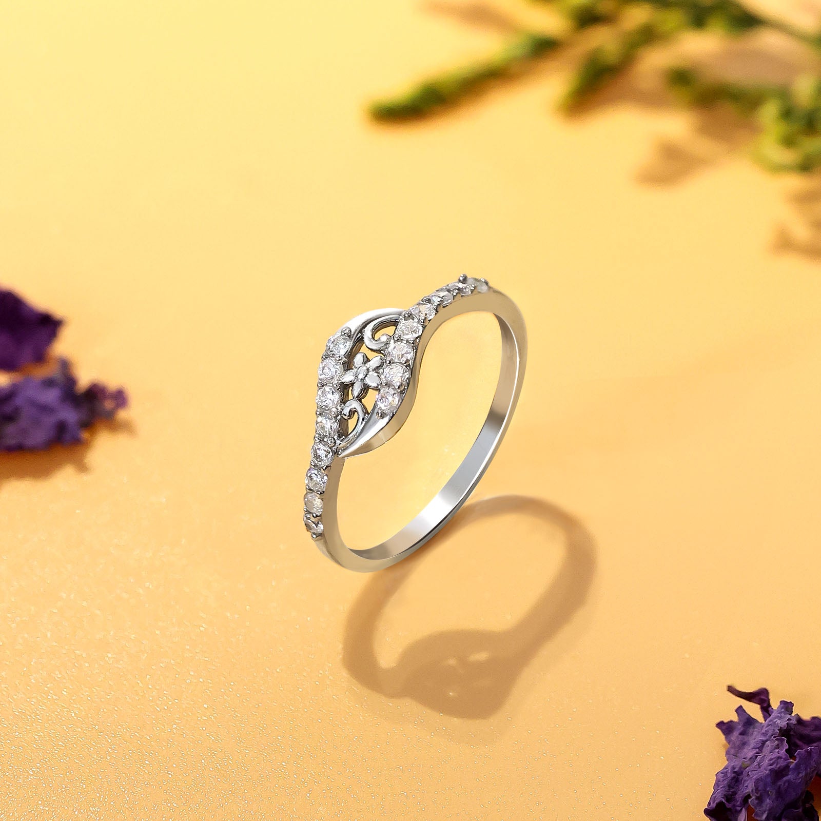 Wavy Zircon Floral Silver Ring