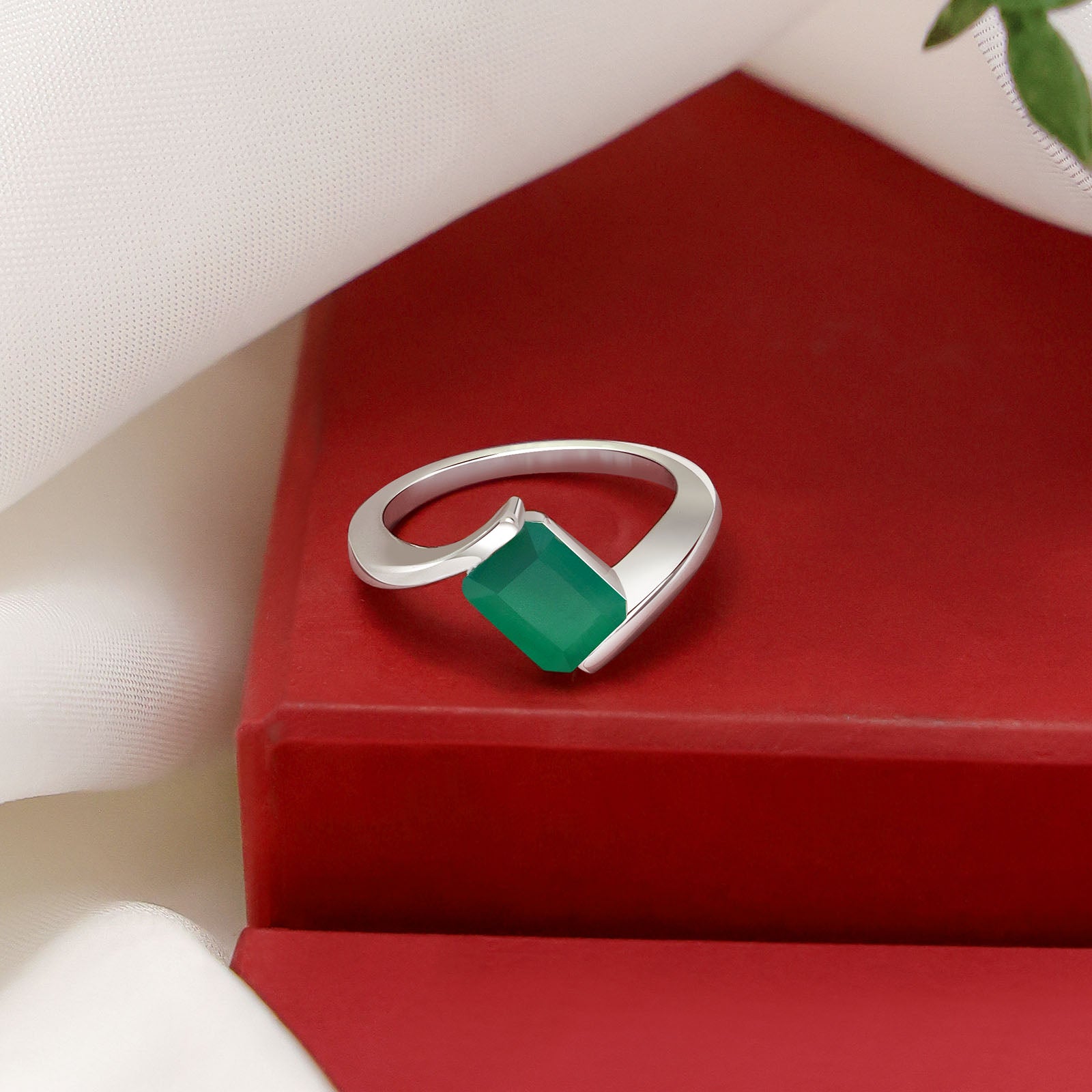 Pure Silver Ring - Plain Slim Model With Green Onyx - Tweov Jewels