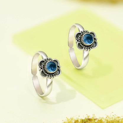 Silver Blue Stone Floral Shaped Toe Ring