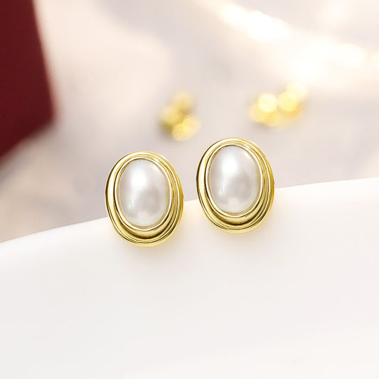 Gold Plated Silver Oval Pearl Stud Earrings