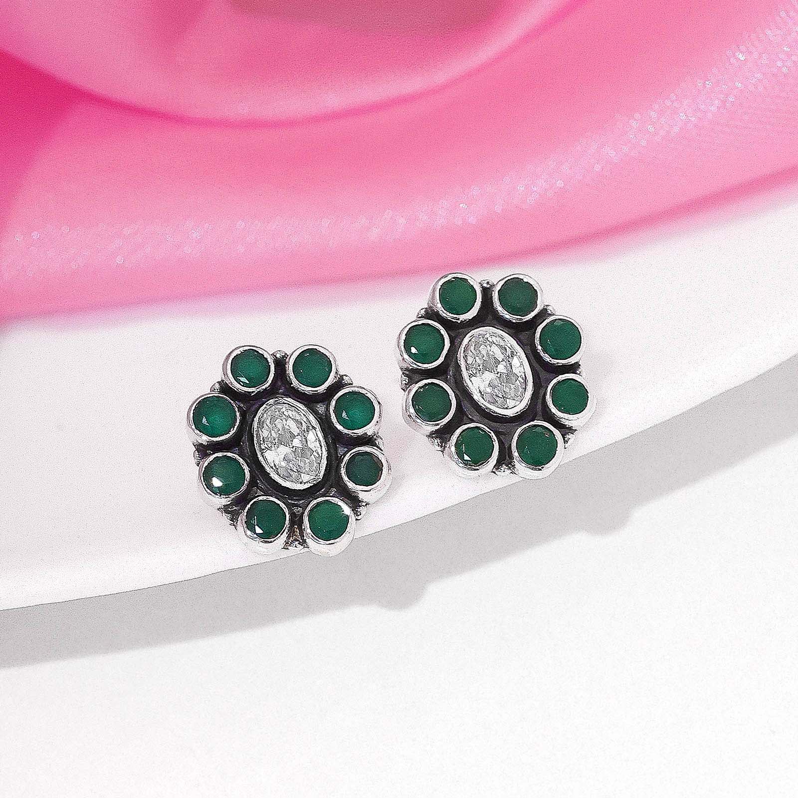Oxidized Silver Green Stone Stud Earrings - Tweov Jewels