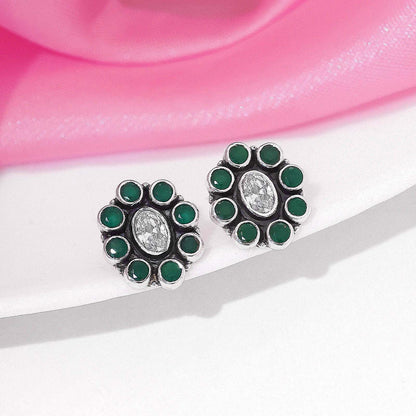 Oxidized Silver Green Stone Stud Earrings - Tweov Jewels