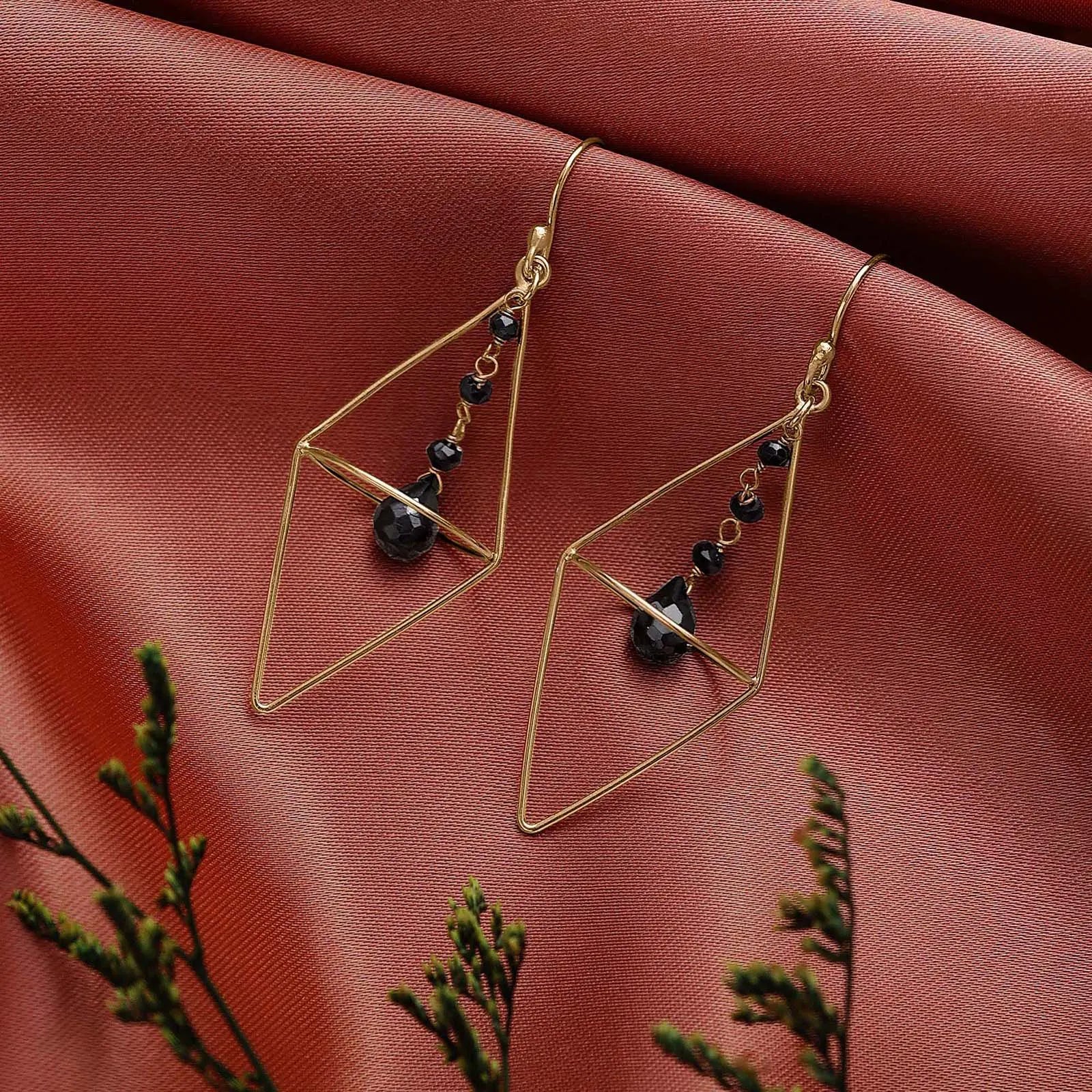 Pure Silver Earrings - Nested Gold Onyx Danglers - Tweov Jewels
