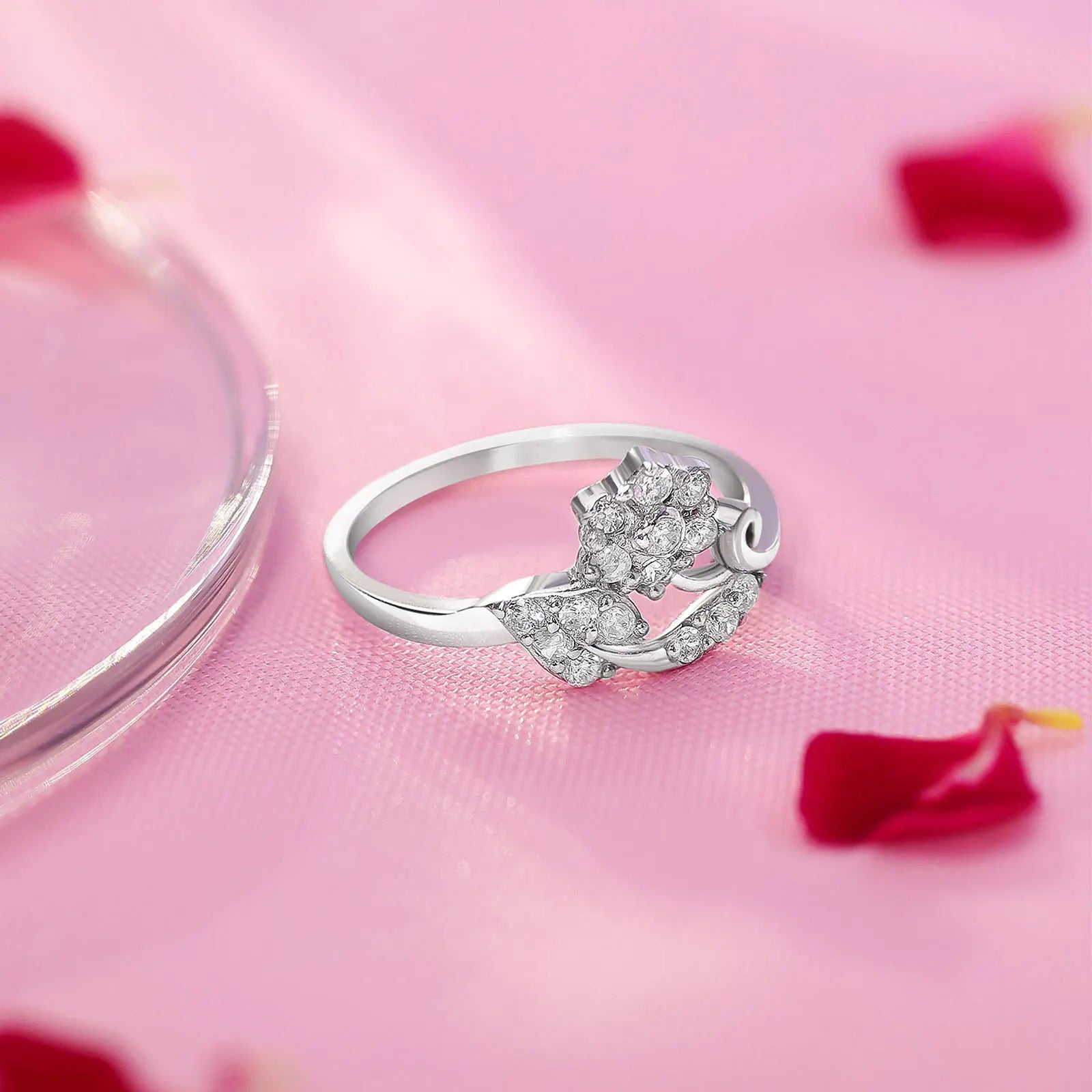 Silver CZ Floral Design Leaf Ring - Tweov Jewels