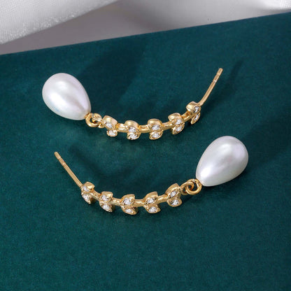 Pure Silver Earring - Gold Plated Leafy Design With Pearls - Tweov Jewels