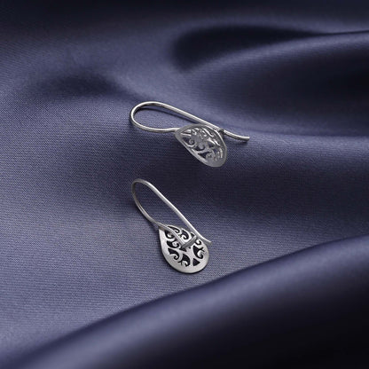 Silver Carved Floral Drop Earrings