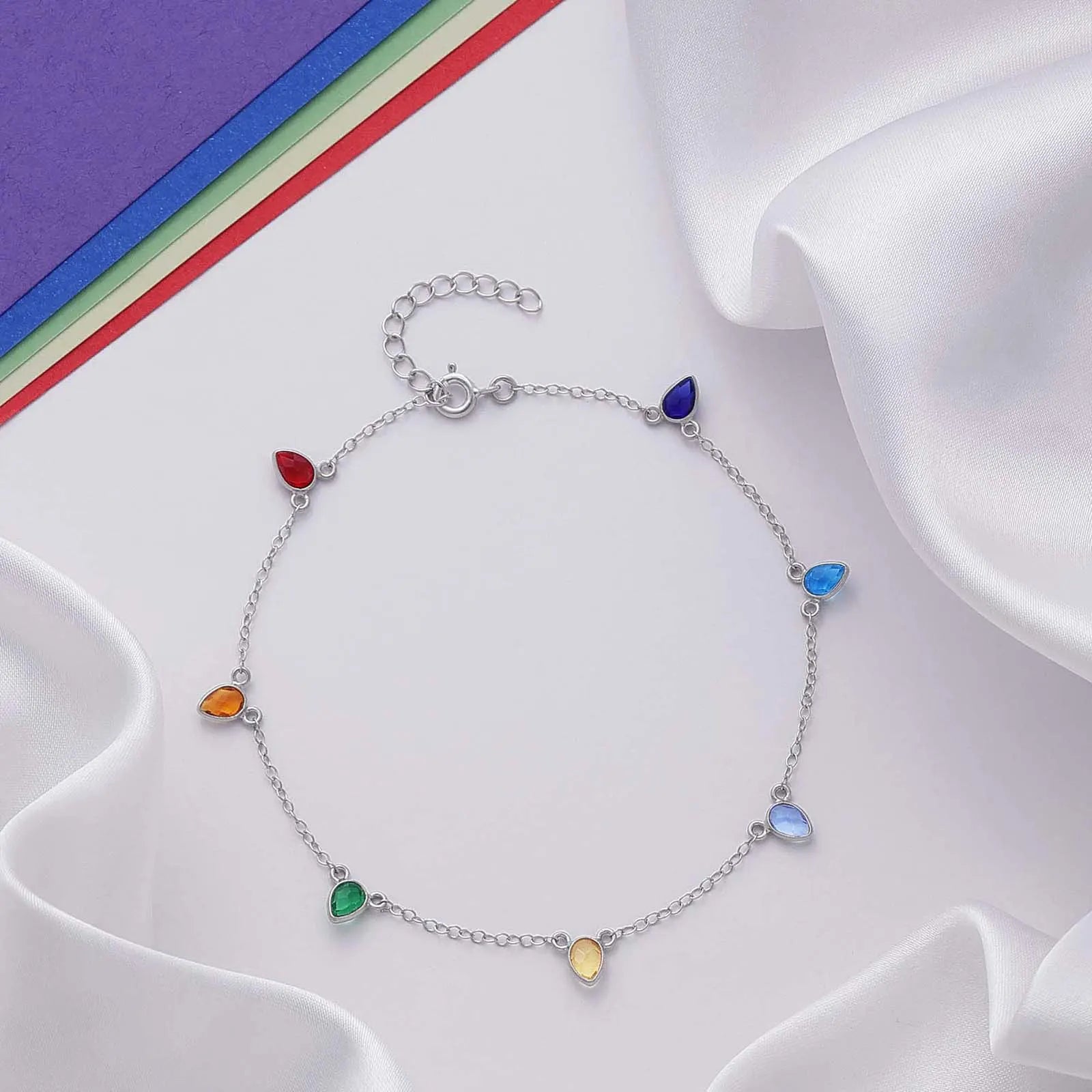 925 Sterling Silver Multicolor Drops Silver Anklet - Tweov Jewels