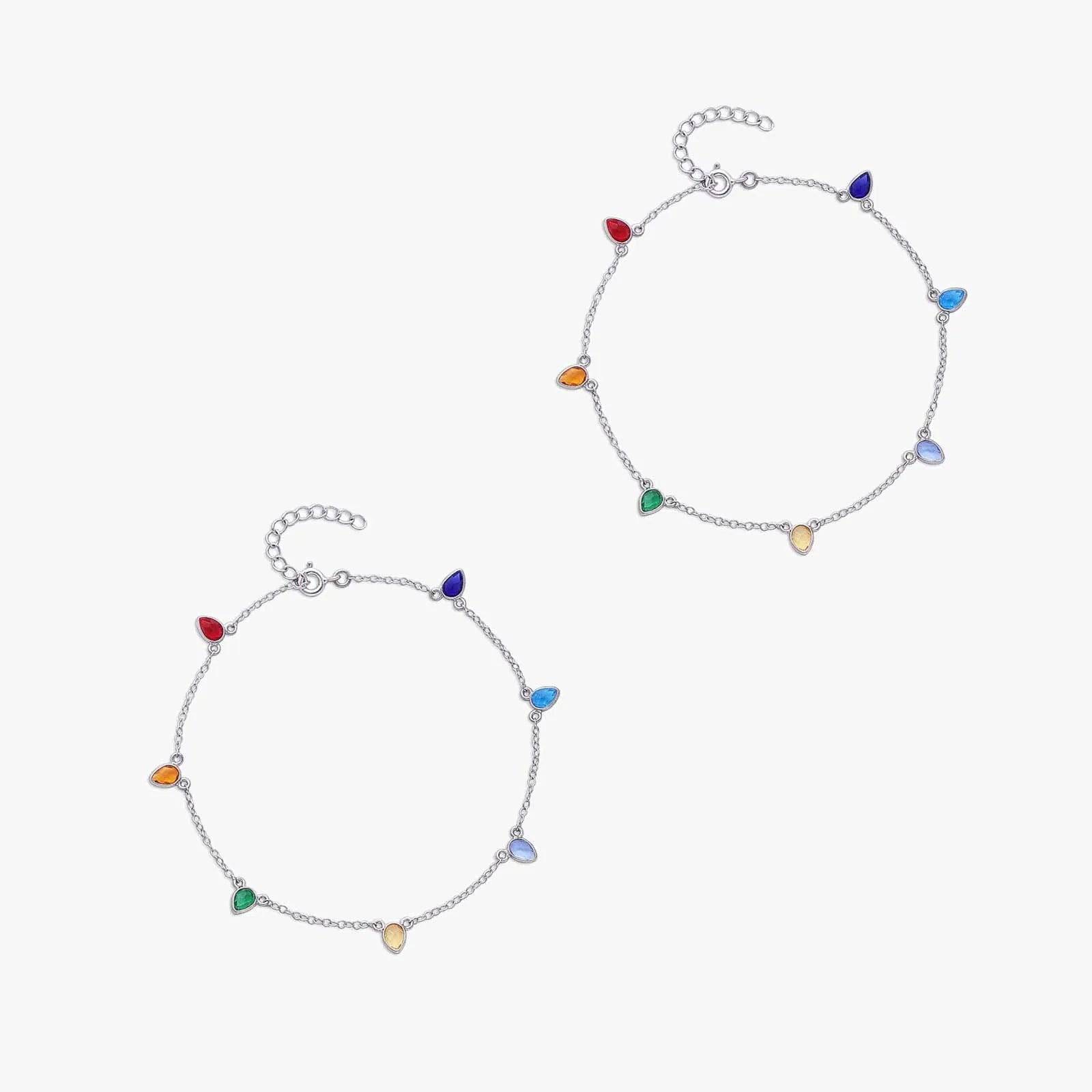 925 Sterling Silver Multicolor Drops Silver Anklet - Tweov Jewels