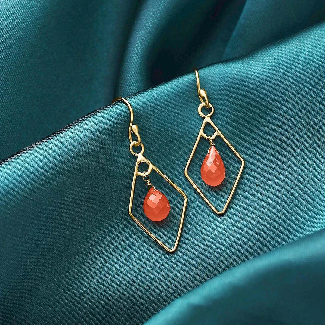 Pure Silver Earrings - Diamond Shaped Carnelian Drop - Tweov Jewels
